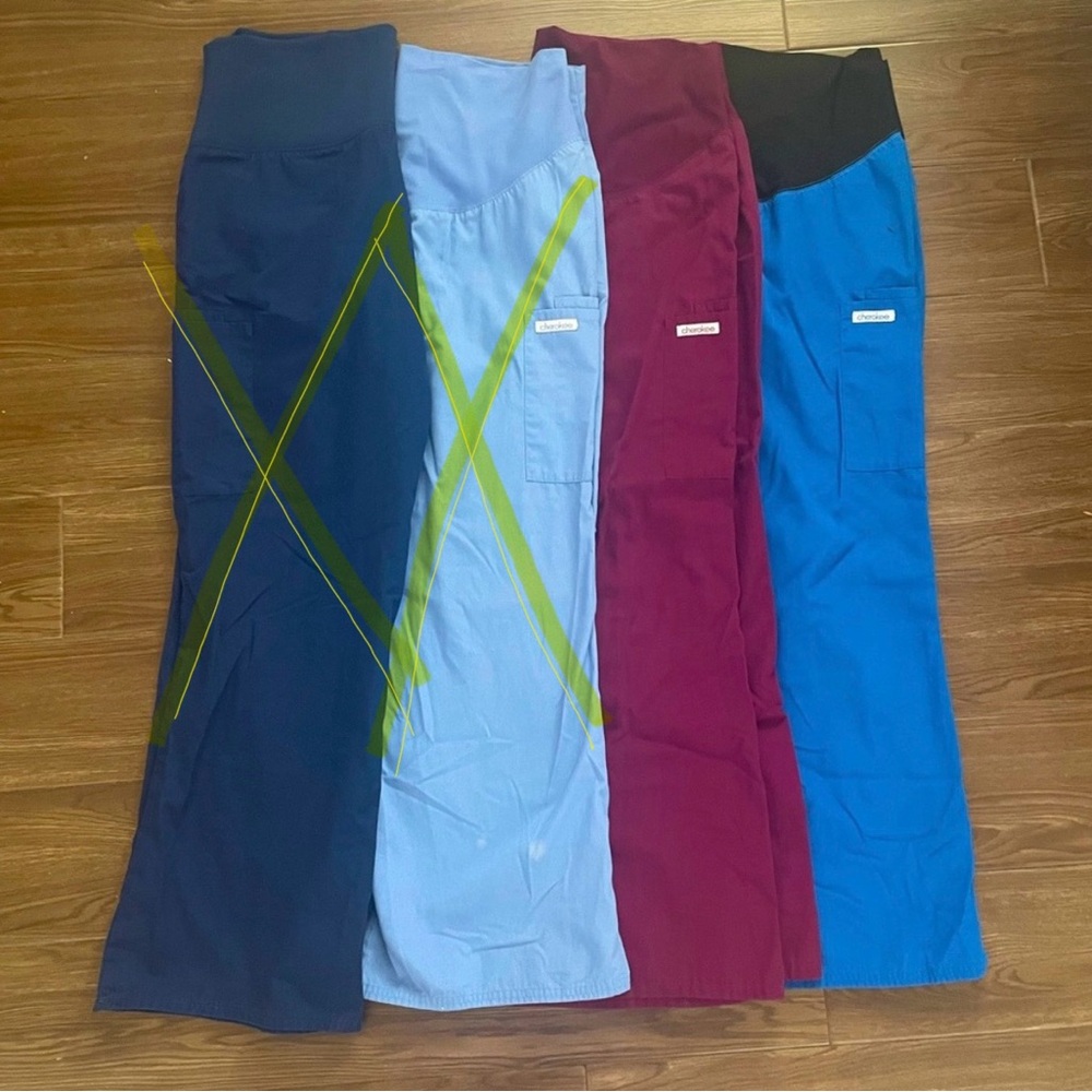 2 pairs of Cherokee maternity scrubs (maroon, royal blue)